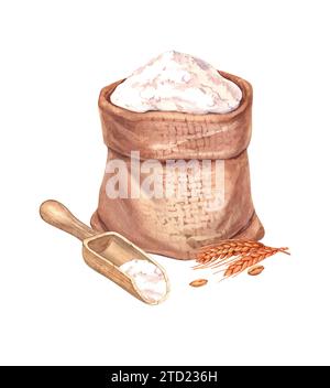 Sackleinen-Beutel mit Mehl und Holzlöffel. Sack mit Weizenmehl und Spikelets. Handgezeichnete Aquarellillustration, isoliert auf weißem Hintergrund. Für Stockfoto