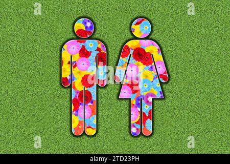 Piktogramm eines stehenden Mannes und einer stehenden Frau, Seite an Seite, mit bunten Blumen auf grünem Hintergrund, Grafik, Symbol Stockfoto