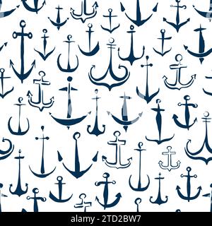 Anker nahtloses nautisches Muster, handbemalt mit Tintenpinsel, isoliert auf weißem Hintergrund. Vektordarstellung Stock Vektor