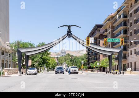 Das Eagle Gate Monument in Salt Lake City, Utah, USA Stockfoto