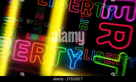 Neonsymbol Freiheit. Farblampen für Freiheit und Erfolg. Abstraktes Konzept 3D-Illustration. Stockfoto