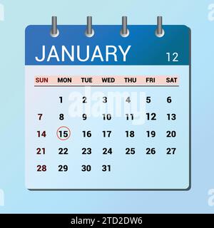 Januar 15. Kalender mit flachen Symbolen auf blauem Hintergrund isoliert. Vektorillustration für Datum und Monat Stock Vektor