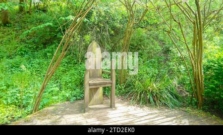 Holzstuhl in Thronform mit Gravur auf dem Kinderspielplatz in New Lanark, Weltkulturerbe Stockfoto