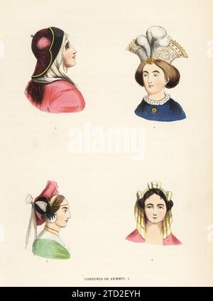 Italienerin mit Samthut aus der Urbino Bibel 5, Federmütze und Pelz aus Darmstad Bibliothek 6, rosa Turban aus einem Gemälde von Lucas van Leyden 7 und Haube aus Ringschleier aus Mailand 8. Coiffures de femmes, XVe-Siecle. Handkolorierter Holzschnitt aus Jacques Joseph van Beverens Kostüm du Moyen Age, mittelalterliches Kostüm, Librairie Historique-Artistique, Brüssel, 1847. Stockfoto