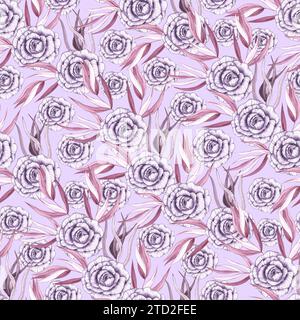 Blumenmuster in Wasserfarben. Rosen- und Eukalyptussträuße auf lila Hintergrund für Textildesign, Stoffe und Tapeten Stockfoto