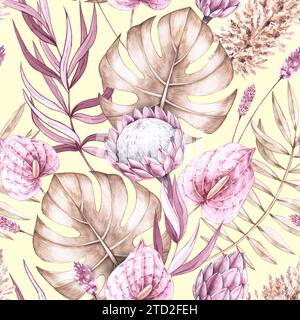 Blumenmuster in tropischen Wasserfarben in Pastelltönen. Anthurium, Protea, Monstera-Muster auf gelbem Hintergrund für Textildesign, Stoffe, Tapeten Stockfoto