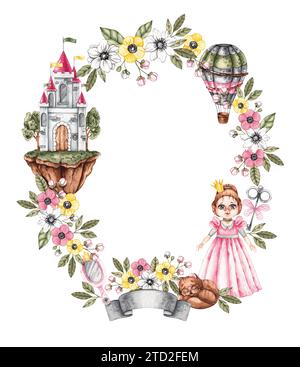 Aquarell Kinderrahmen mit Prinzessin, Schlösser in der Luft, Accessoires und Blumen auf weiß. Kinderrahmen isoliert auf weiß für die Gestaltung von Büchern, GIF Stockfoto
