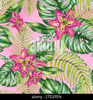 Tropisches Blumenmuster in Wasserfarben. Blumenmuster mit tropischen Blättern und Lilien. Handgezeichnete Pflanzen für die Gestaltung von Karten, Blumensträußen, Textilien und Stoffen Stockfoto