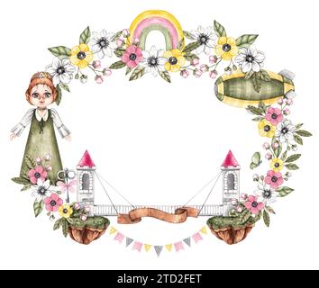 Aquarell Kinderrahmen mit Prinzessin, Schlösser in der Luft, Accessoires und Blumen auf weiß. Kinderrahmen isoliert auf weiß für die Gestaltung von Büchern, GIF Stockfoto