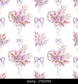 Hochzeitsmuster mit Brautsträußen auf weißem Hintergrund. Aquarell Hochzeitsmuster im Boho-Stil für Textildesign, Druck, Geschenke usw. Stockfoto