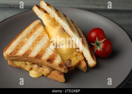 Leckere Sandwiches mit Schinken, geschmolzenem Käse und Tomaten auf dem Tisch, Nahaufnahme Stockfoto