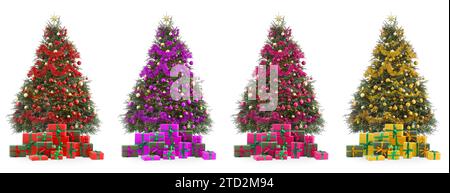 Weihnachtsbäume, dekoriert in verschiedenen Farben isoliert auf weiß, Sammlung Stockfoto