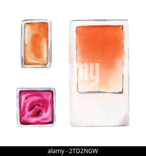 Pfirsichfarbene Fuzz-Swatch-Karte und zwei Schalen Farbe. Orange und Pink. Draufsicht des Objektes Bildmaterial. Aquarellabbildung isoliert Stockfoto