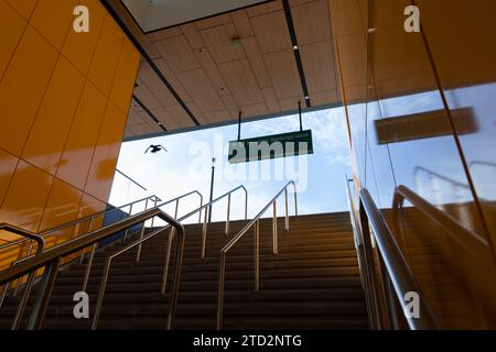 Am Freitag, den 15. Dezember 2023, fliegt eine Krähe durch die leere Treppe des neuen Seattle Ferry Terminals in Elliott Bay. Stockfoto