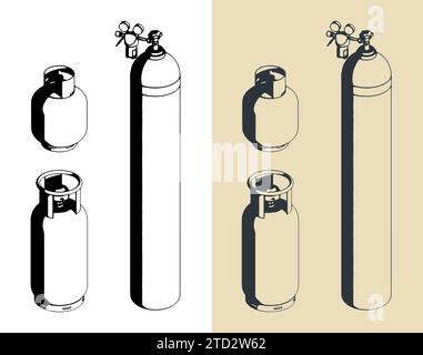 Stilisierte Vektordarstellung eines Satzes von Gasflaschen verschiedener Typen Stock Vektor