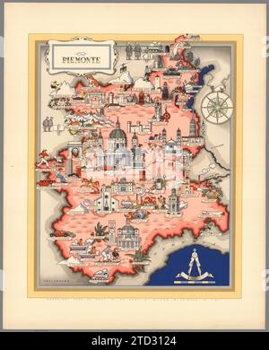 Illustrierte Karte von Piemont, Italien. Städte und Städte mit Kennzeichnung. Aus „Italia“ von Giovanni de Agostini, Kunstwerk von Vsevolod Petrovic Nicouline. Veröffentlichungsdatum 1938. Stockfoto