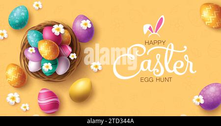 Happy easter Gruß Text Vektor Design. Glückliche ostern Grußkarte mit bunten niedlichen Eiern und Nest Dekorationselemente im gelben Hintergrund Vektor Stock Vektor
