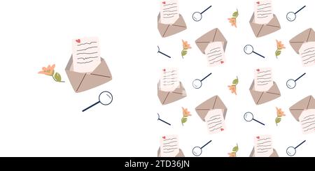 Nahtloses Muster mit Love Letter und Designelementen wie Umschlag, Blume, Lupe, Letter. Vektor-Illustration kann für Feiertagskarten, Tapeten, Geschenkpapier, Textil, T-Shirt-Design verwendet werden. Stock Vektor
