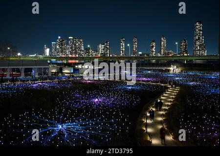 Mit Long Island City Queens im Hintergrund, ein Blick auf die öffentliche Kunstinstallation des Künstlers Bruce Munro mit dem Titel „Field of Light“ auf der Freedom Plaza in der Nähe des Hauptquartiers der Vereinten Nationen, New York, NY, 15. Dezember 2023. Das Werk verfügt über 18.750 Glasfaserkugeln, die sich über ein Hektar großes Gelände verteilen. (Foto: Anthony Behar/SIPA USA) Stockfoto