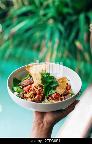 Eine Mahlzeit mit frischem Gemüse, Nudeln, Chili auf einem Teller, von der Hand gehalten. Stockfoto