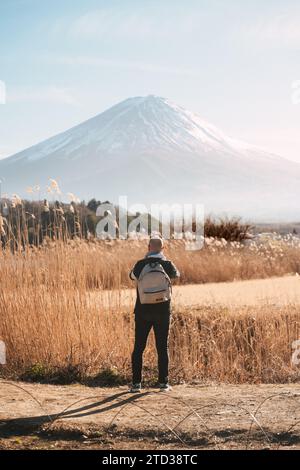 Blick auf den Fuji aus der Perspektive einer Person. Das wurde aus dem Oishi Park in Fuji entnommen. Stockfoto