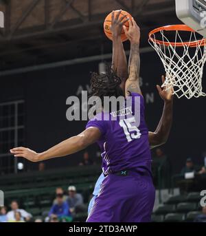 Furman Paladins Stürmer Tyrese Hughey (15) Blöcke Tulane Green Wave Guard Sion James (1) erschossen während eines Basketballspiels für Männer in der Fogleman Arena in New Orleans, Louisiana am Donnerstag, den 14. Dezember 2023. (Foto: Peter G. Forest/SIPA USA) Stockfoto