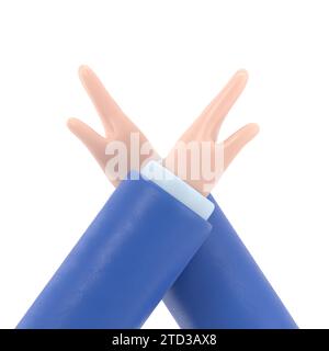 Geste gekreuzte Hände. Armkreuzende Abstoßungsausdrücke. Negatives Symbol. Stoppschild. Nein sagen Verteidigung oder Einschränkung. Flache 3D-Illustration. Stockfoto