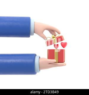 Geschenk des Liebeskonzeptes. Alles Gute zum Valentinstag. Mann, der in den Händen hält, öffnet die Geschenkbox mit rotem Herzen, Symbol Liebesbekenntnisse. Abbildung flach. Roma Stockfoto