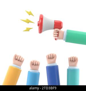 Zeichentrickhände von Dämonstranten und Hand mit Megaphon, Protestkonzept, Revolution, Konflikt, 3D-Illustration in flacher Konstruktion .3D-Rendering auf weißem Hintergrund Stockfoto