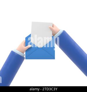 Cartoon Gesture Symbol Mockup.Hand zieht ein leeres Blatt Papier aus dem Umschlag. E-Mail-Konzept. 3D-Illustration im flachen 3D-Rendering auf weißem Hintergrund Stockfoto