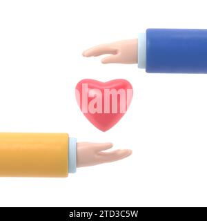 Krankenversicherungskonzept. Schutz Gesundheit. Pflege medizinisch. Die Handflächen schützen das Herz. Symbol Healthcare.3D-Rendering auf weißem Hintergrund. Stockfoto