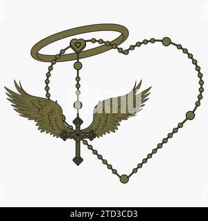 Vektordesign des geflügelten Kreuzes mit herzförmigem Rosenkranz, herzförmigem Rosenkranz mit Flügeln, Symbologie der katholischen Religion Stock Vektor