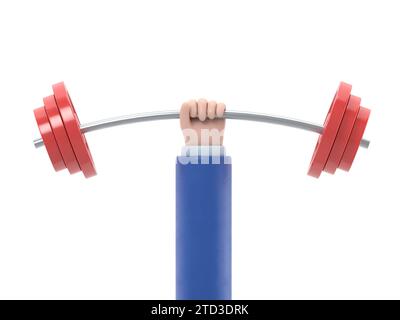 Starkes Konzept. Symbol „Barbell in Hands“. Hand eines Mannes, der eine Hantel hält. Flache 3D-Illustration. Gewichtheben, Training hart Konzept. Sportliche Fitness Stockfoto