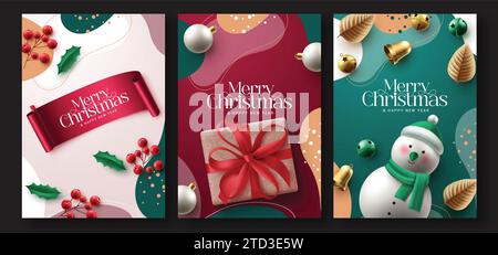 Vektor-Poster-Set für Weihnachtsgrüße. Frohe weihnachten und Happy New Year Grußkarte mit Weihnachtsdekorationen in abstraktem Geschenkanhänger Stock Vektor
