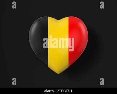 Belgische Herzfahne auf schwarzem Hintergrund. 3D-Abbildung. Stockfoto