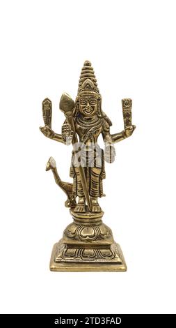 Antike Figur des hinduistischen Kriegsgottes subramanya, Sohn des Herrn shiva mit seinem Tier, ein Pfau isoliert auf weißem Hintergrund Stockfoto