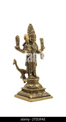 Antike goldene Statue des hindugottes des Krieges subramanya, Sohn des Herrn shiva mit seinem Tier, ein Pfau isoliert auf weißem Hintergrund Stockfoto