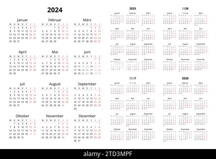 Vertikale deutsche Kalender 2024, 2025, 2026, 2027, 2028. Druckbares Vektorillustrationsset für Deutschland. Planen Sie Ihr Jahr im Kalenderstil Stock Vektor