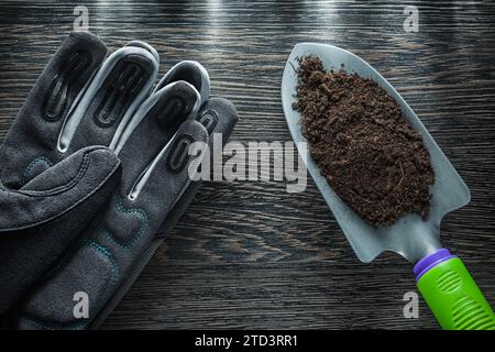 Gartenhandschuhe mit Handspatboden auf Holzbrett Stockfoto