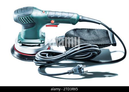 Elektrische Holzschleifmaschine, isoliert, weiß Stockfoto