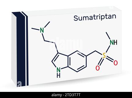 Sumatriptanmolekül. Es handelt sich um einen Serotonin-Rezeptor-Agonisten, der zur Behandlung von Migräne und Kopfschmerzen angewendet wird. Die chemische Formel des Skeletts. Papierverpackungen für Medikamente. Stock Vektor