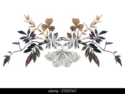 Blumenzusammensetzung mit Eukalyptuszweigen und Schmetterlingen. Handgemalt mit Aquarellen. Für die Gestaltung von Einladungen und Karten Stockfoto