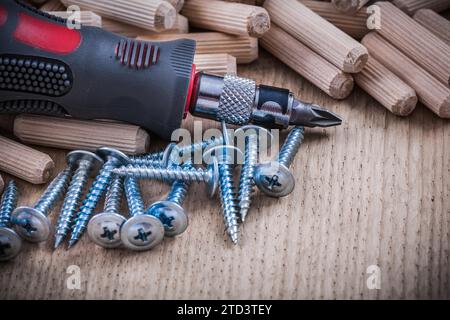 Stapel Holzdübel, Stahlnägel und isolierte selbstschneidende Schrauben Stockfoto