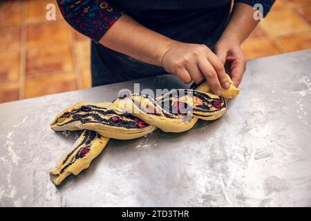 Weibliche Hände bereiten einen Mohnsamen-Babka vor. Traditioneller jüdischer, brotartiger Kuchen, der mit Mohn und Kirsche verdreht ist Stockfoto