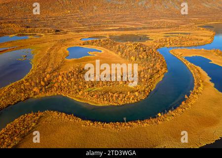 Drohnenaufnahme, Blick auf das Tal Vistasvagge mit dem sich schlängelnden Fluss Vistasjakka und unzähligen kleinen Seen, Birkenwäldern, Herbst, intensive Farben Stockfoto