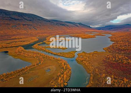 Drohnenaufnahme, Blick auf das Tal Vistasvagge mit dem sich schlängelnden Fluss Vistasjakka und unzähligen kleinen Seen, Birkenwäldern, intensive Farben, Herbst Stockfoto