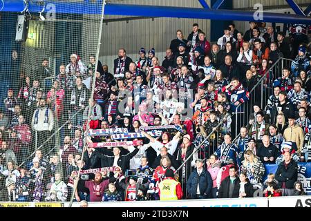 Jubel, Freude bei den mitgereisten Eisbären-Fans GER, Iserlohn Roosters vs. Eisbaeren Berlin, Eishockey, Penny-DEL, 27. Spieltag, Spielzeit 2023/2024, 15.12.2023, Foto: Jonas Brockmann/Eibner-Pressefoto Stockfoto