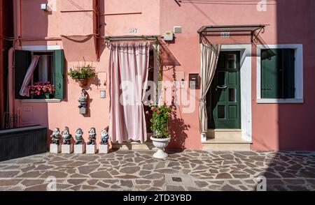 Blumentöpfe und Gartenzwerge vor der pinkfarbenen Hausfassade mit Fenstern und Haustür, farbenfrohe Häuser, Gassen auf der Insel Burano, Venedig Stockfoto