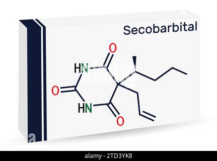 Secobarbital-Molekül. Barbiturat mit anästhetischen, antikonvulsiven, sedierenden, hypnotischen Eigenschaften. Skelettformel. Papierverpackungen für Medikamente Stock Vektor