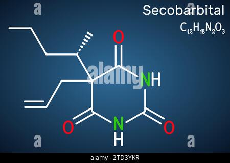 Secobarbital-Molekül. Barbiturat-Medikament mit anästhetischen, antikonvulsiven, sedierenden, hypnotischen Eigenschaften, dunkelblauem Hintergrund Stock Vektor